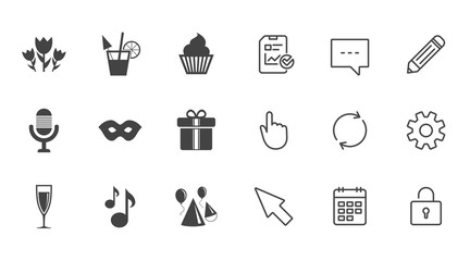 Party celebration, birthday icons. Cocktail, air balloon and champagne glass signs. Gift box, flowers and carnival symbols. Chat, Report and Calendar line signs. Service, Pencil and Locker icons