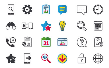 Phone icons. Smartphone with speech bubble sign. Call center support symbol. Synchronization symbol. Chat, Report and Calendar signs. Stars, Statistics and Download icons. Question, Clock and Globe