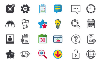 Hipster photo camera icon. Flash light symbol. Photo booth strips sign. Human portrait photo frame. Chat, Report and Calendar signs. Stars, Statistics and Download icons. Question, Clock and Globe