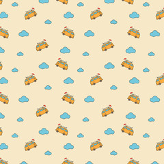 Hippie car with clouds seamless pattern.