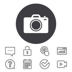 Photo camera sign icon. Digital photo camera symbol. Calendar, Locker and Speech bubble line signs. Video camera, Statistics and Question icons. Vector