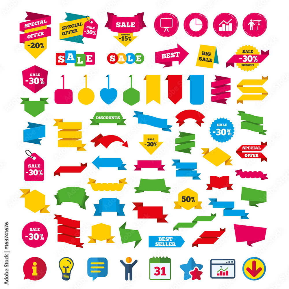 Poster diagram graph pie chart icon. presentation billboard symbol. man standing with pointer sign. shoppin