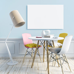 Delicate girlish interior, consisting of a dining area and a floor lamp. Poster mockup. 3d illustration