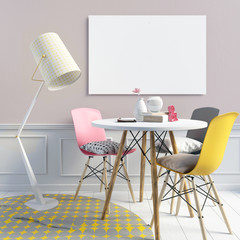 Delicate girlish interior, consisting of a dining area and a floor lamp. Poster mockup. 3d illustration