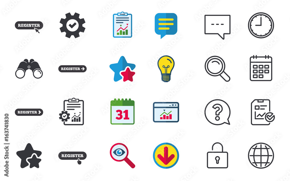Poster register with hand pointer icon. mouse cursor symbol. membership sign. chat, report and calendar sig