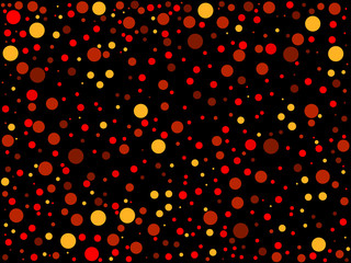 Seamless pattern with chaotic dots. Red and yellow circles on a black background. Vector illustration
