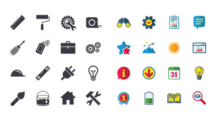 Set of Construction tools, Engineering and Repair icons. Electric plug, Helmet and Screwdriver signs. Lamp, Hammer and Paint symbols. Calendar, Report and Browser window signs. Vector