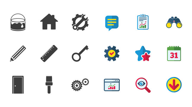 Repair, construction icons. Service, key and door signs. Painting, brush and pencil symbols. Calendar, Report and Download signs. Stars, Service and Search icons. Statistics, Binoculars and Chat