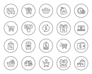 Shopping line icons. Gifts, Presents and Sale offer signs. Shopping cart, Delivery and Tags symbols. Speech bubble, Discount and Wallet. Online buying. Circle buttons with linear elements. Vector