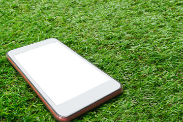 smartphone with blank screen on green grass