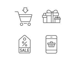 Gift box, Discount and Sale line icons. Shopping cart symbol. Online buying. Quality design elements. Editable stroke. Vector