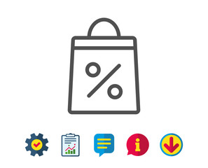 Shopping bag with Percentage line icon. Supermarket buying sign. Sale and Discounts symbol. Report, Service and Information line signs. Download, Speech bubble icons. Editable stroke. Vector
