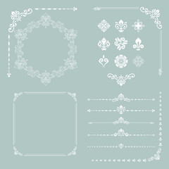 Vintage set of vector horizontal, square and round elements. Different elements for decoration design, frames, cards, menus, backgrounds and monograms. Classic patterns. Set of vintage white patterns