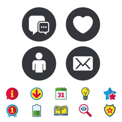Social media icons. Chat speech bubble and Mail messages symbols. Love heart sign. Human person profile. Calendar, Information and Download signs. Stars, Award and Book icons. Vector