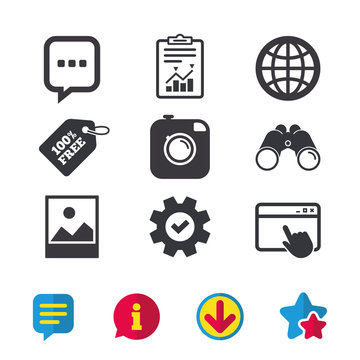 Social media icons. Chat speech bubble and world globe symbols. Hipster photo camera sign. Landscape photo frame. Browser window, Report and Service signs. Binoculars, Information and Download icons