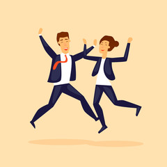 Guy and the girl jump from happiness business. Flat design vector illustration.