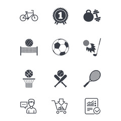 Sport games, fitness icons. Football, basketball and tennis signs. Golf, bike and winner medal symbols. Customer service, Shopping cart and Report line signs. Online shopping and Statistics. Vector
