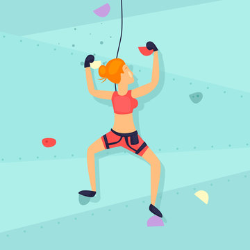 Girl on the climbing wall. Flat design vector illustration.