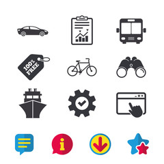 Transport icons. Car, Bicycle, Public bus and Ship signs. Shipping delivery symbol. Family vehicle sign. Browser window, Report and Service signs. Binoculars, Information and Download icons. Vector