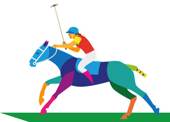 A young woman is a player in a horse polo with a stick