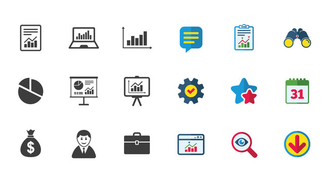 Statistics, accounting icons. Charts, presentation and pie chart signs. Analysis, report and business case symbols. Calendar, Report and Download signs. Stars, Service and Search icons. Vector