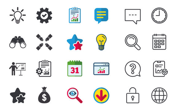 Presentation billboard icon. Dollar cash money and lamp idea signs. Man standing with pointer. Teamwork symbol. Chat, Report and Calendar signs. Stars, Statistics and Download icons. Vector