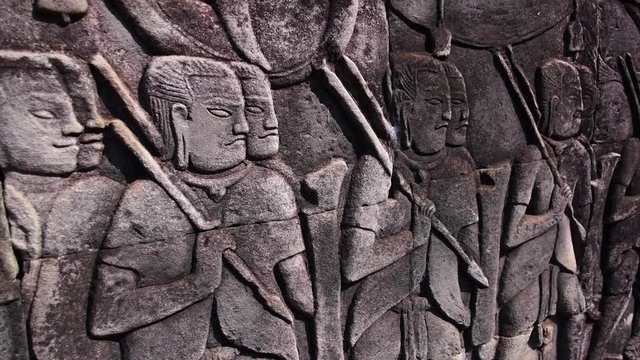 Low Relief Stone Carving in Angkor Wat Cambodia. Siem Reap. HD, 1920x1080. 