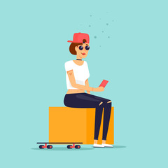 Girl is sitting with a skateboard. Flat design vector illustration.