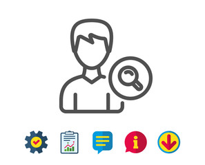 Search User line icon. Profile Avatar with Magnifying glass sign. Male Person silhouette symbol. Report, Service and Information line signs. Download, Speech bubble icons. Editable stroke. Vector
