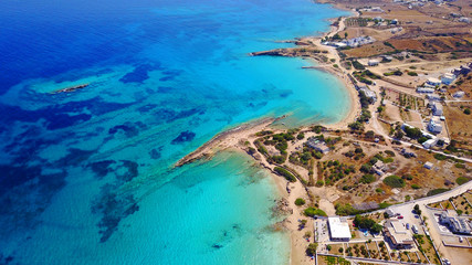 Aerial drone photo of Koufonisi island with clear turquoise waters, Cyclades, Greece