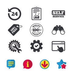Repair fix tool icons. 24h Customer support service signs. 100% quality guarantee symbol. Cogwheel gear with wrench key. Browser window, Report and Service signs. Vector