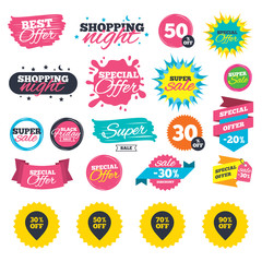 Sale shopping banners. Sale pointer tag icons. Discount special offer symbols. 30%, 50%, 70% and 90% percent off signs. Web badges, splash and stickers. Best offer. Vector