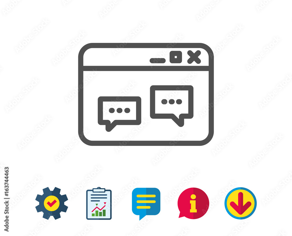 Poster browser window line icon. chat speech bubbles sign. internet page symbol. report, service and inform