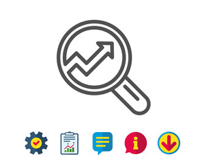 Chart line icon. Report graph or Sales growth sign in Magnifying glass. Analysis and Statistics data symbol. Report, Service and Information line signs. Download, Speech bubble icons. Editable stroke