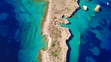 Aerial drone photo of Glaronisi island with clear turquoise waters, Cyclades, Greece