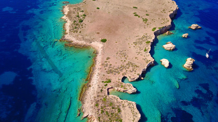 Aerial drone photo of Glaronisi island with clear turquoise waters, Cyclades, Greece