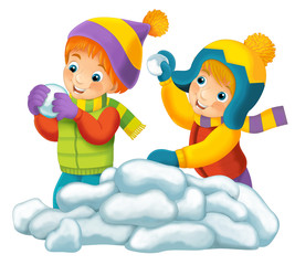 cartoon scene with kids playing - snow fight winter activity / isolated illustration