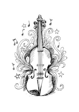 Sketch Violin with floral ornament.
