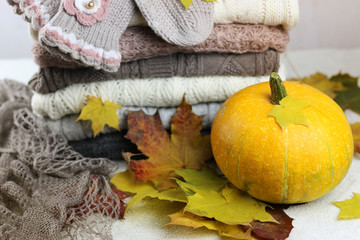 stack of sweaters knitted autumn concept