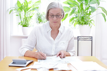 Deutsche Seniorin füllt die Formulare für die jährliche Steuererklärung aus, im Wohnzimmer an...