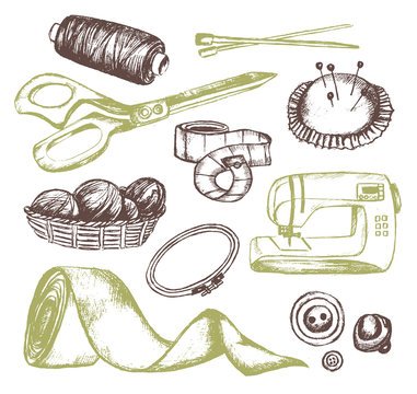 Sewing Accessories - vector vintage illustration