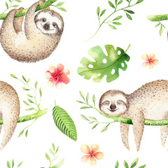 Baby animals sloth nursery isolated seamless pattern painting. Watercolor boho tropical drawing, child tropical drawing cute palm tree leaves, tropic green texture, exotic flower. Aloha baby shower © kris_art