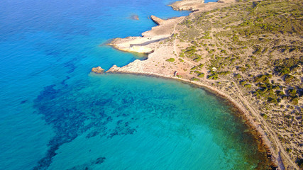 Aerial drone photo of famous Pori beach, Koufonissi island. Cyclades, Greece
