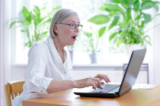 Senior woman at home in her living room staring in extreme shock at the screen of her laptop, internet security concept