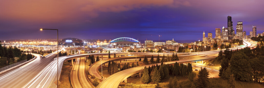Traffic and skyline of Seattle, Washington, USA at night
