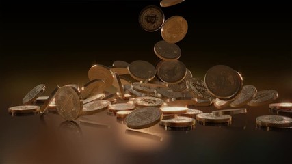 Bitcoin currency, crypto currency, falling on a pile