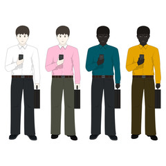 European Man and an African American Man with a Phone and a Briefcase,Two Businessmen in Different Clothes of Different Nationalities, Vector Illustration