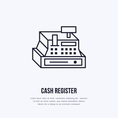 Fototapeta premium Cash register vector flat line icons. Retail store supplies, trade shop equipment sign. Commercial object thin linear sign for warehouse store.