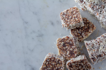 Sliced Date Chocolate Rice Crispy Treats from Above with Copy Space