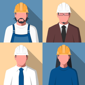 Silhouettes of people in hard hat for user profile picture. Avatars of construction workers. Engineering staff in flat design. Vector illustration.
